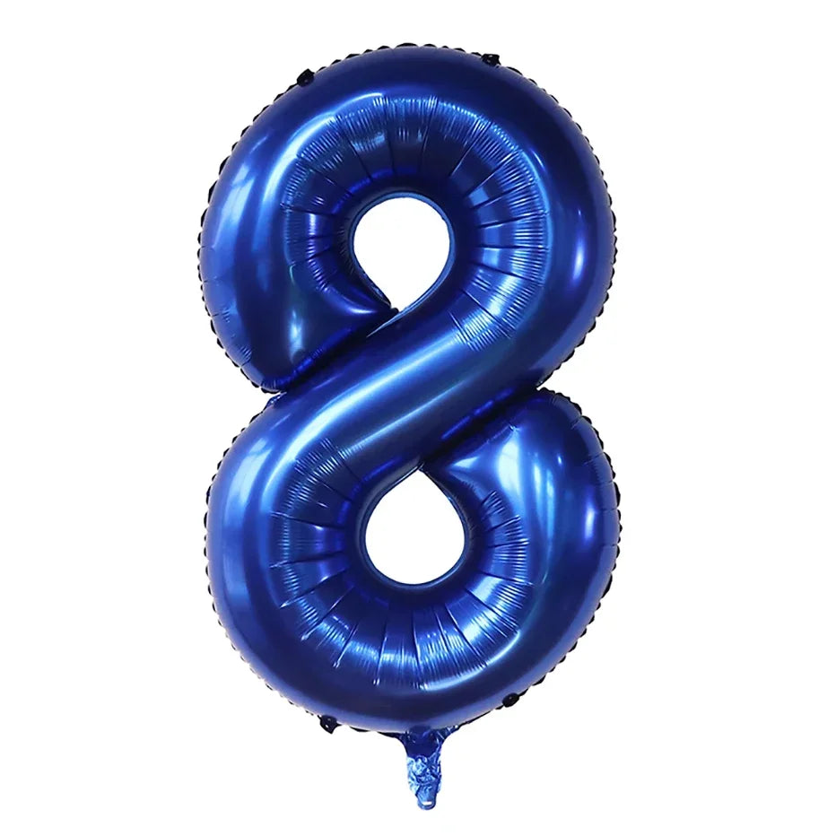 Large dark blue foil number balloon shaped like the number 8 for party decor