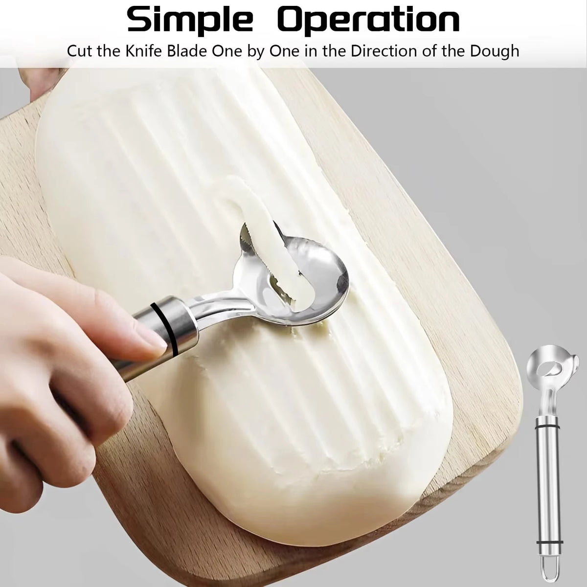 A hand uses a metal peeler to cut a piece of dough, demonstrating the simple operation of a nopal cactus peeler and cutter se