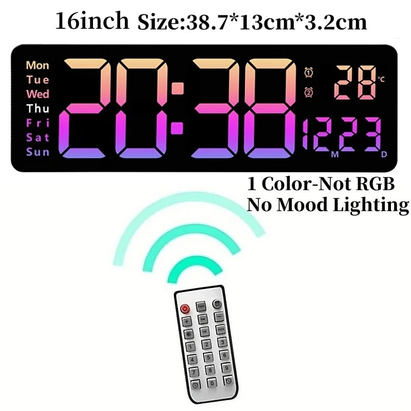 A digital wall clock displaying 20:38, temperature, and day, with a remote control visible below it.