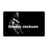 A black and white photo of Dexter Jackson on a sports banner.
