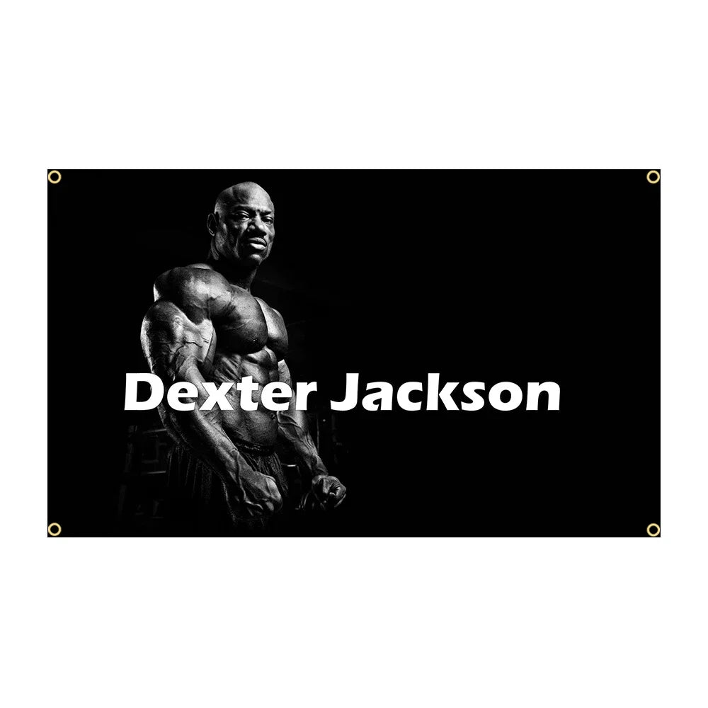 A black and white photo of Dexter Jackson on a sports banner.