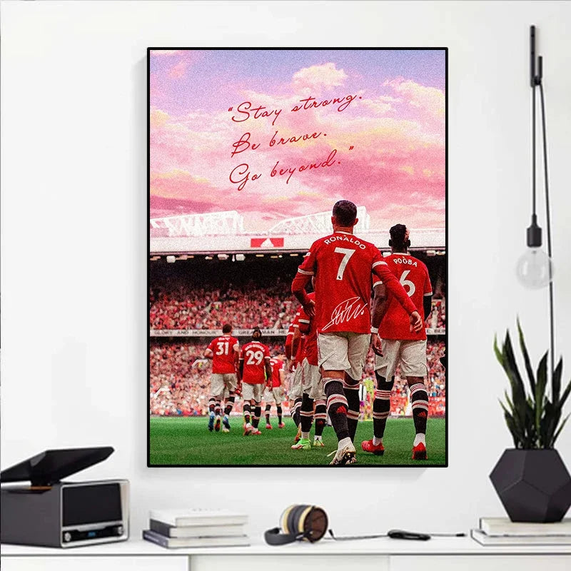 A canvas wall art featuring a photo of Cristiano Ronaldo in a red jersey on a soccer field.