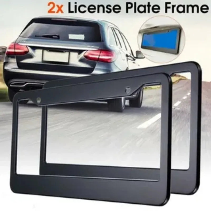 Two black license plate frames shown next to a car, with an inset showing the frame design.