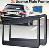 Two black license plate frames shown next to a car, with an inset showing the frame design.