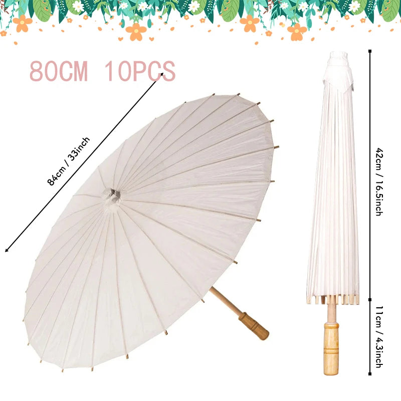 White oil paper umbrella with a 80cm canopy and 10 pieces shown next to a vertical view.