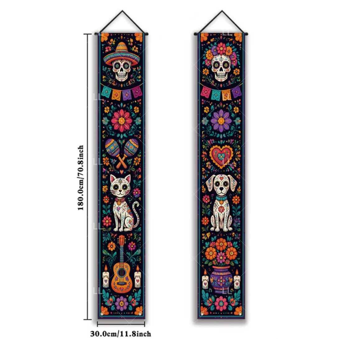 A vertical banner featuring a Mexican skull and floral motifs for a Day of the Dead theme.