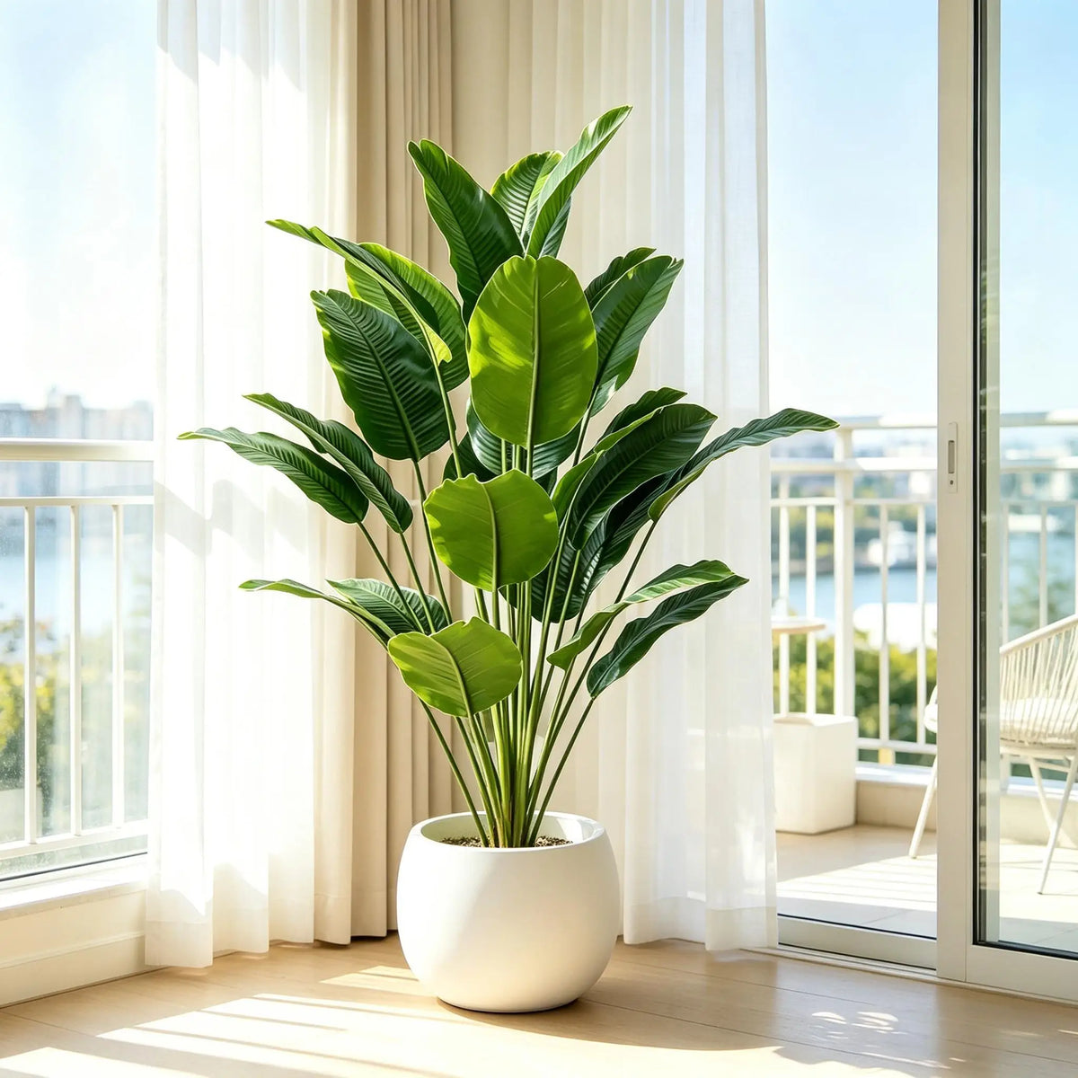 A vibrant green artificial Bird of Paradise tree in a white pot sits indoors next to a large window.