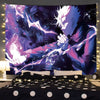 A tapestry wall hanging featuring an anime style depiction of Gojo Satoru with purple and blue lighting.