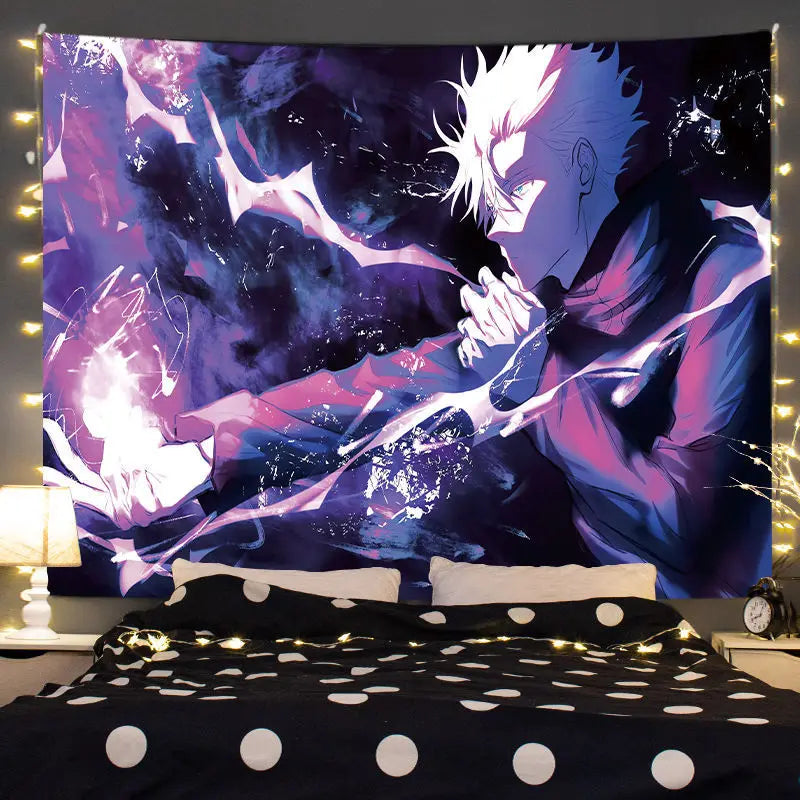 A tapestry wall hanging featuring an anime style depiction of Gojo Satoru with purple and blue lighting.
