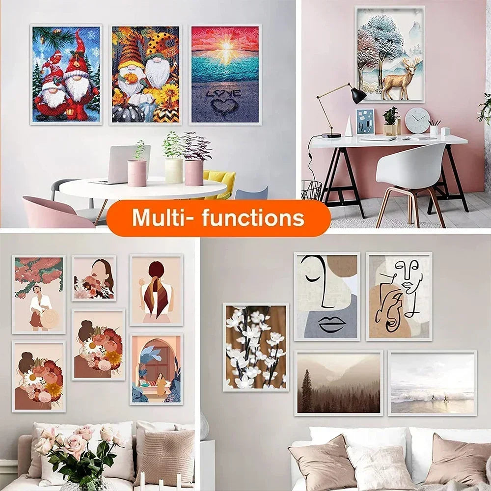 Eine Sammlung multifunktionaler magnetischer Foto-Displayrahmen, präsentiert auf weißem Tisch und Wand.