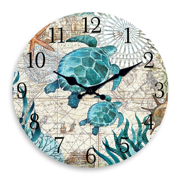 A round wall clock face with a vintage map background and a large teal turtle design.