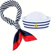 A white captain's hat and matching striped scarf with a red and black accent.