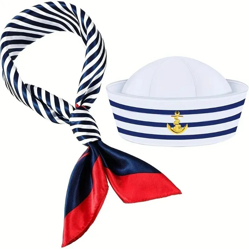 A white captain's hat and matching striped scarf with a red and black accent.