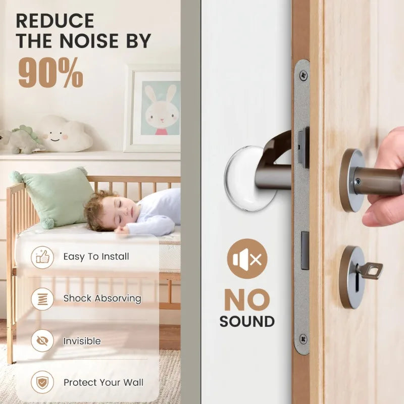 A close-up of a self-adhesive silicone door stopper bumper installed on a wooden door, showing various benefits like noise re
