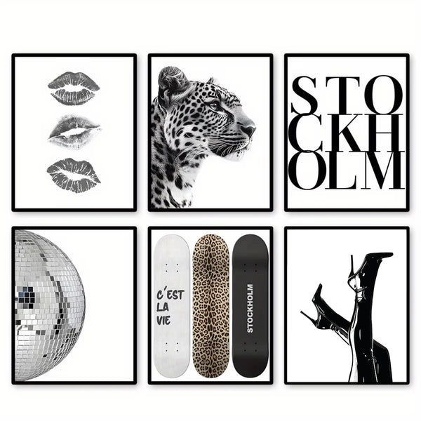 A collection of nine black and white abstract canvas prints featuring leopard faces, a tiger head, and a silver mosaic textur