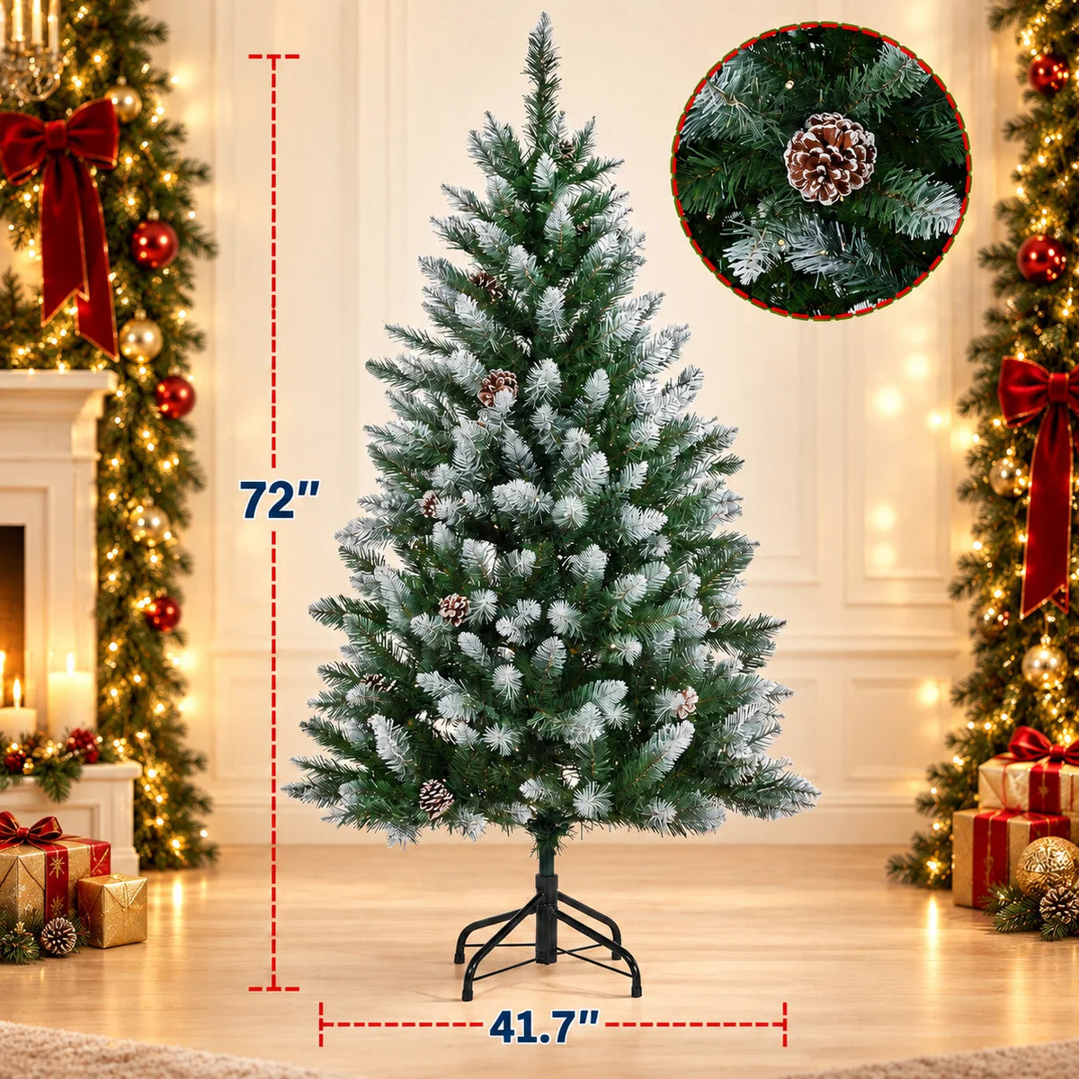 A flocked artificial Christmas tree decorated with warm white LED lights standing in a room.
