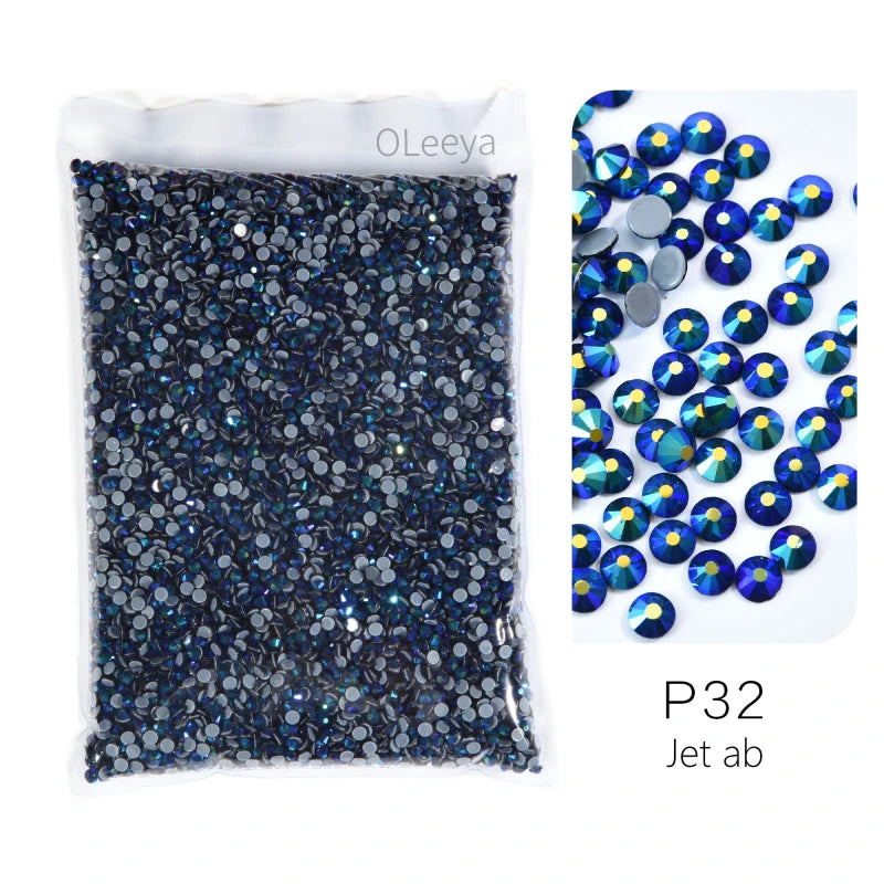 Bag of P32 Jet ab glass rhinestones in various sizes and colors