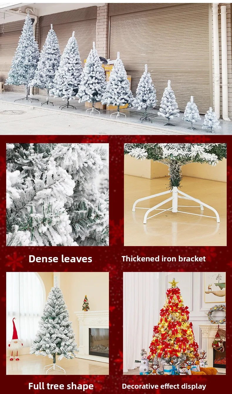 Flocked artificial Christmas tree showing dense leaves, thickened iron bracket, full tree shape, and decorative effect displa