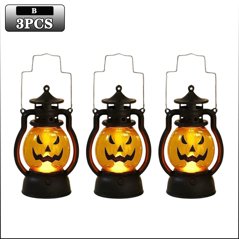 Three black DIY Halloween pumpkin lanterns with glowing orange LED light projection effect