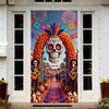 A door cover featuring a vibrant sugar skull and papel picado design for Dia de los Muertos celebration.