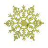 A six-pointed glittery gold snowflake ornament.