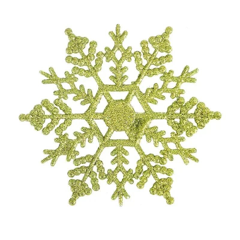 A six-pointed glittery gold snowflake ornament.