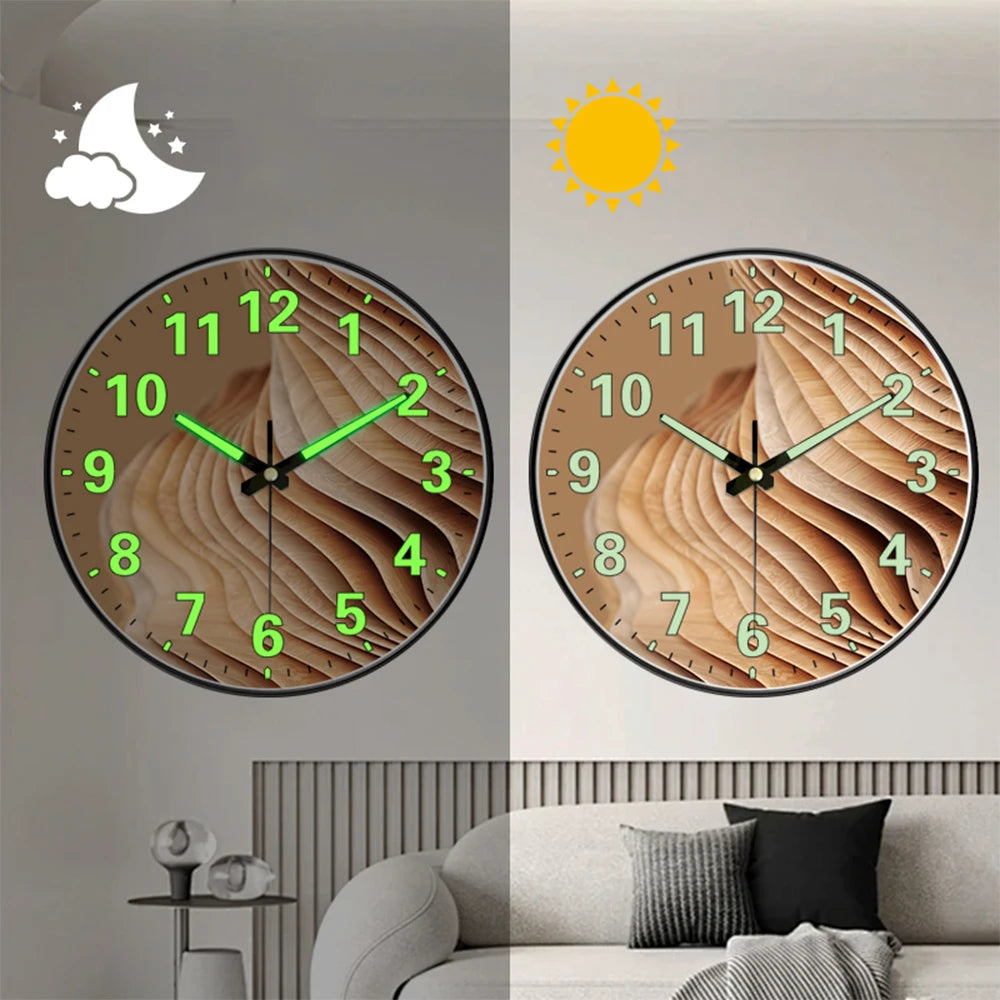 A minimalist round wall clock showing both day and night views with a sun and moon icon.