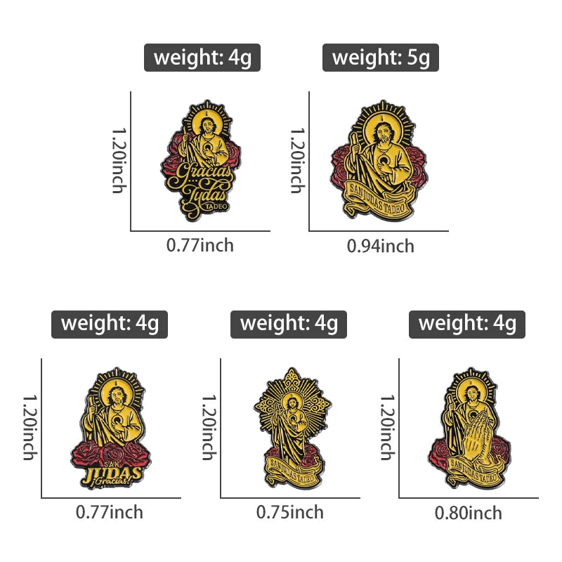 A collection of enamel pins featuring the San Judas Tadeo faith theme in various sizes and shapes.