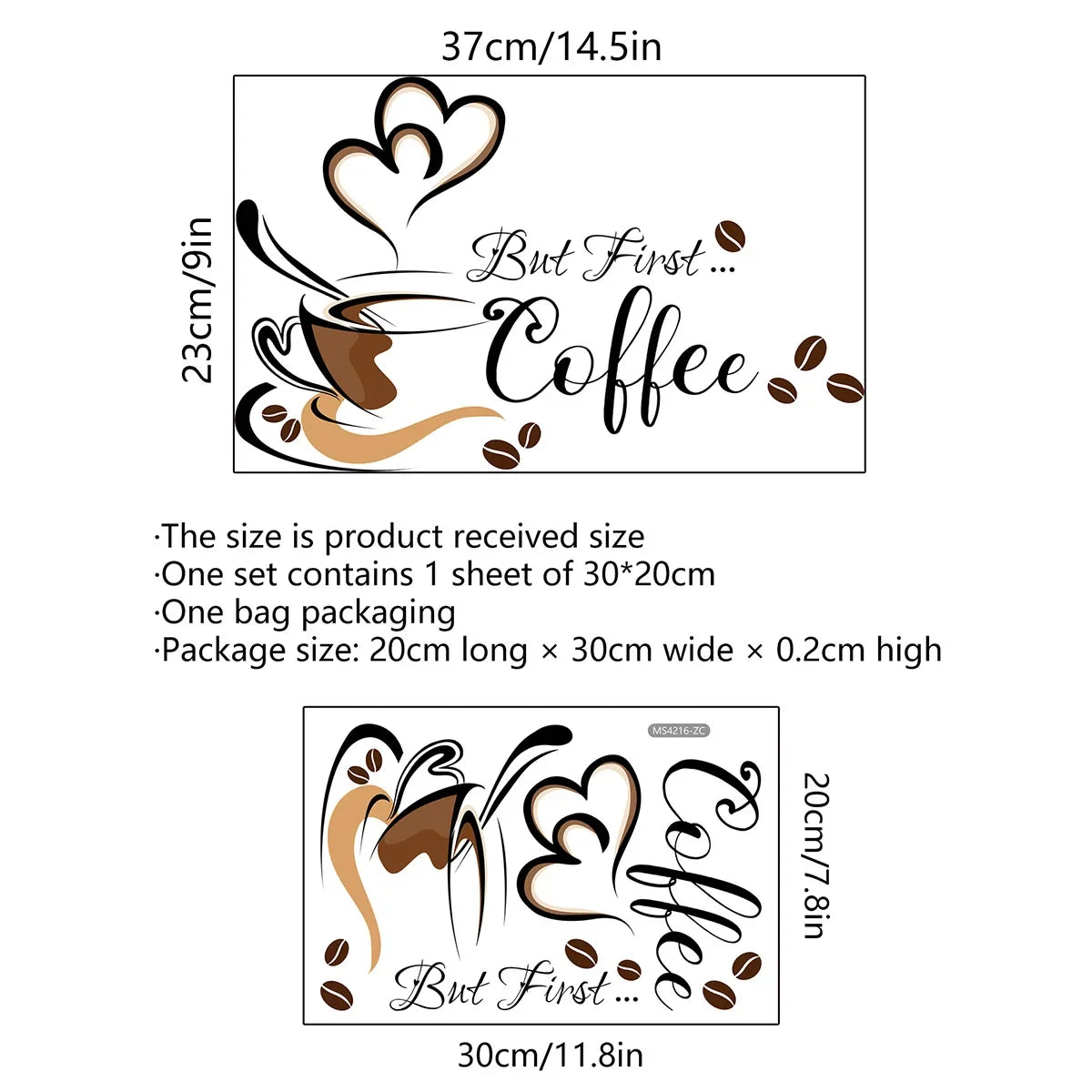 A set of coffee-themed wall stickers featuring a cup and the text But First Coffee