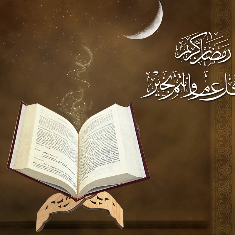 An open book of the Quran resting on an elegant wooden stand against a dark background with a crescent moon.