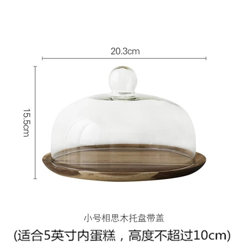 Solid acacia wood cake tray with a clear glass dome cover