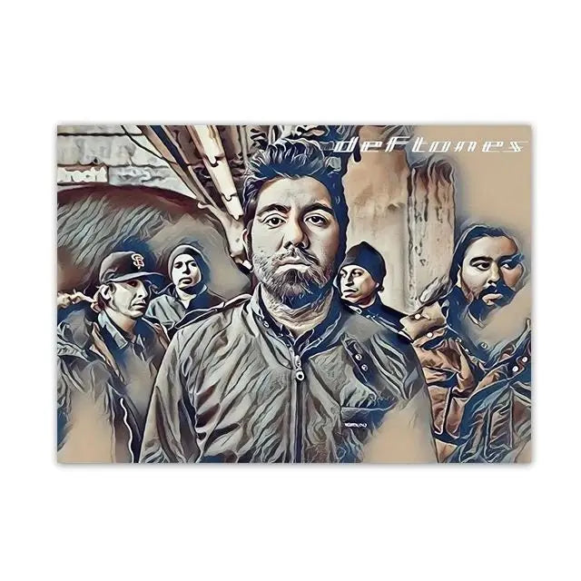 A black and white illustration of a man with a beard, resembling a Deftones band member, in a portrait style.