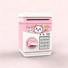 A pink and white ATM-style piggy bank featuring a cat face design and a numeric keypad.