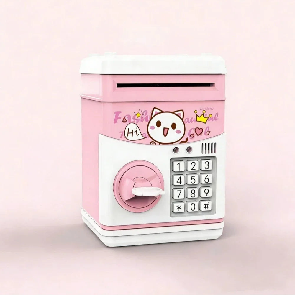 A pink and white ATM-style piggy bank featuring a cat face design and a numeric keypad.