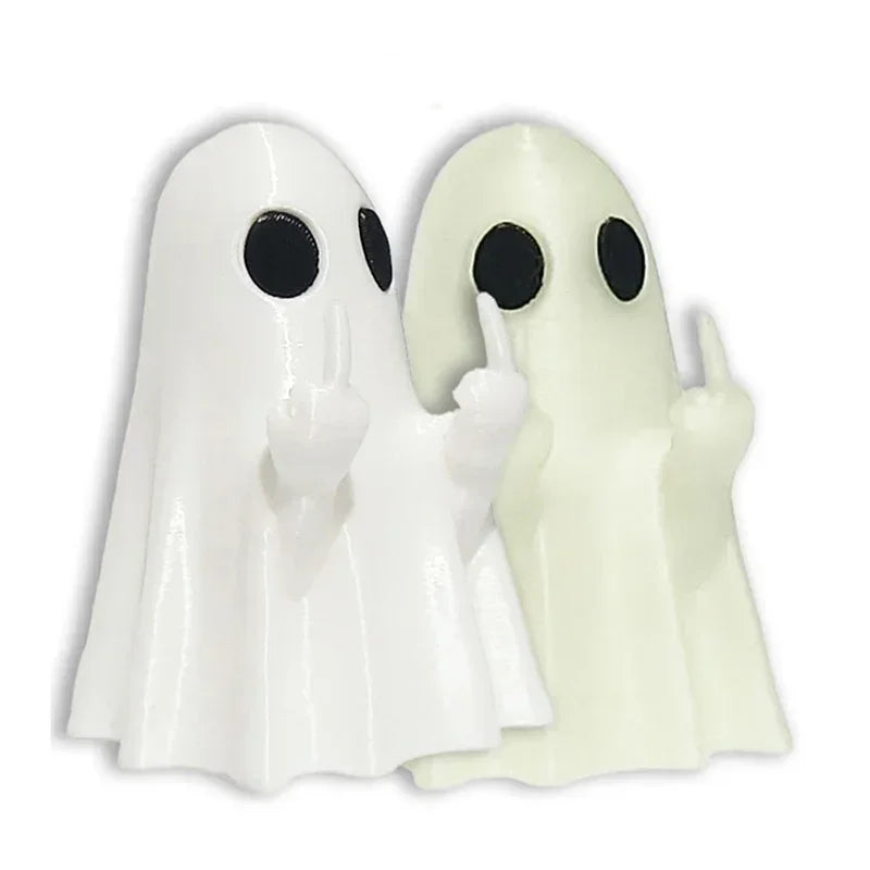 A white glow-in-the-dark ghost figurine with a playful pose.