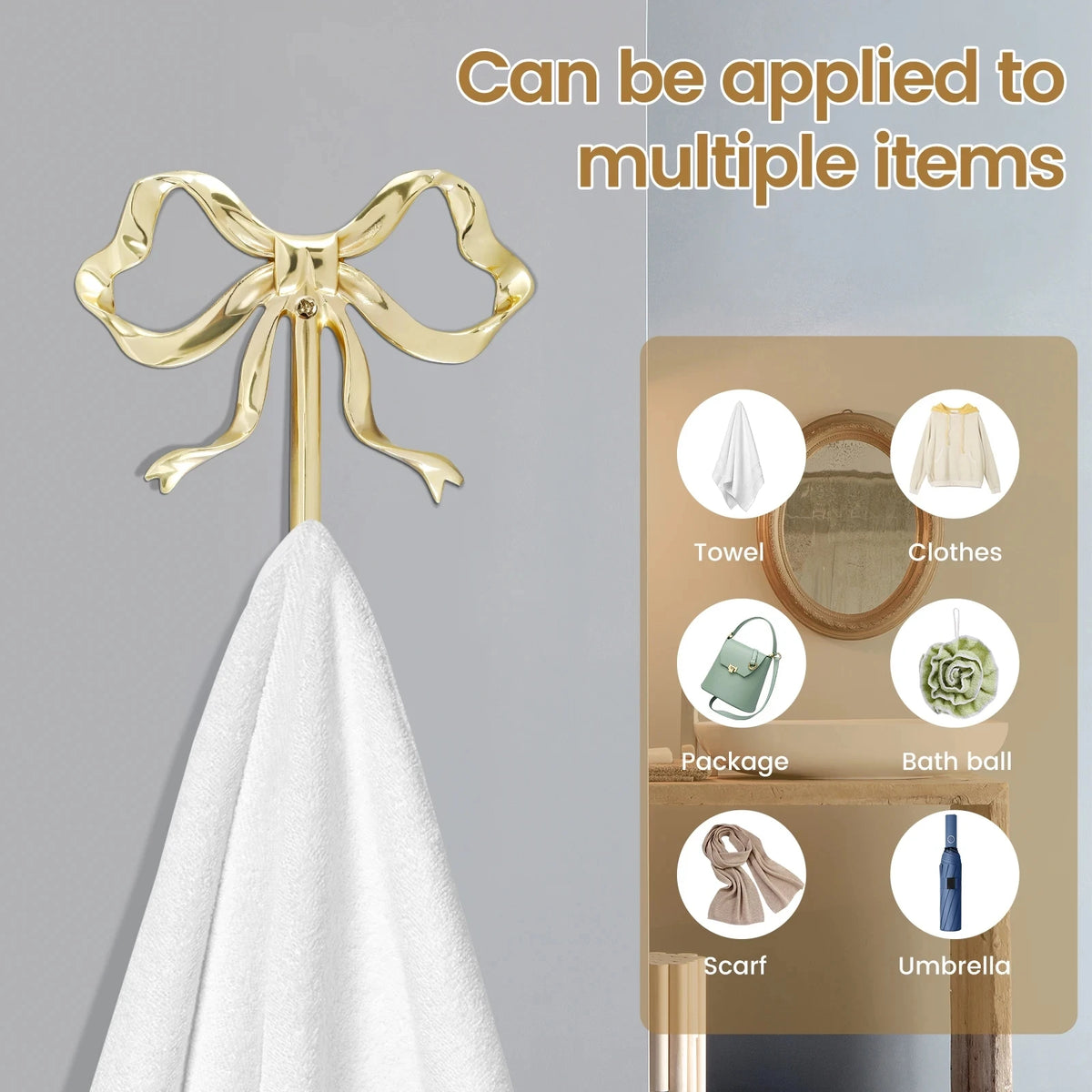 A gold brass bowknot wall hook is shown hanging on a white fabric, demonstrating its ability to be applied to multiple items.