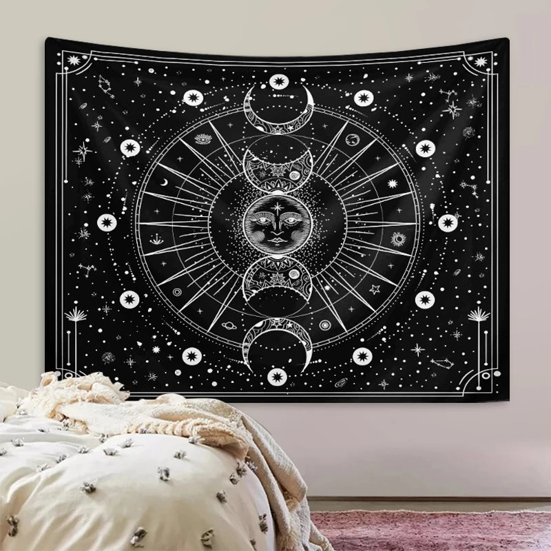 Black tapestry wall hanging featuring a psychedelic sun and moon mandala design with intricate geometric patterns.