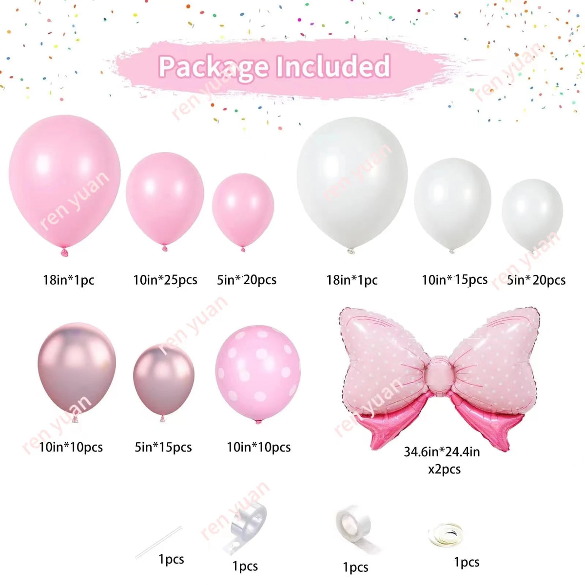 A package of pink and white balloons, including various sizes, a bow knot, and ribbon for party decorations.