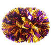 A spherical pom pom made of shiny gold and purple crinkled paper.