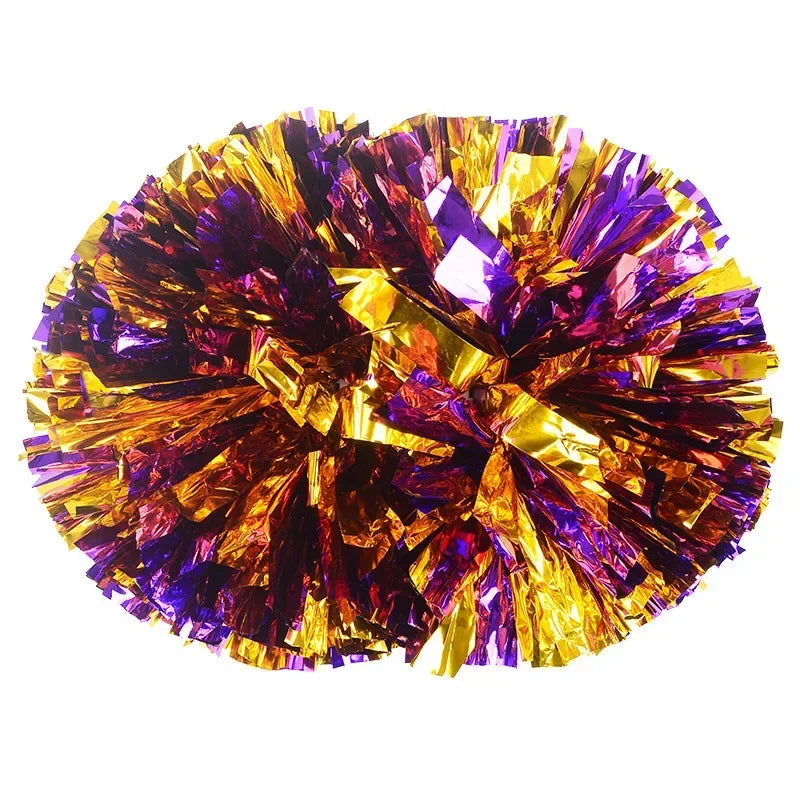 A spherical pom pom made of shiny gold and purple crinkled paper.