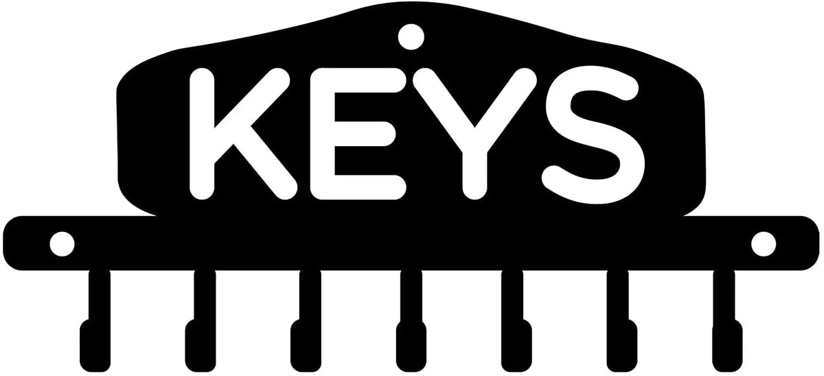 Black decorative metal wall-mounted key holder with seven hooks.