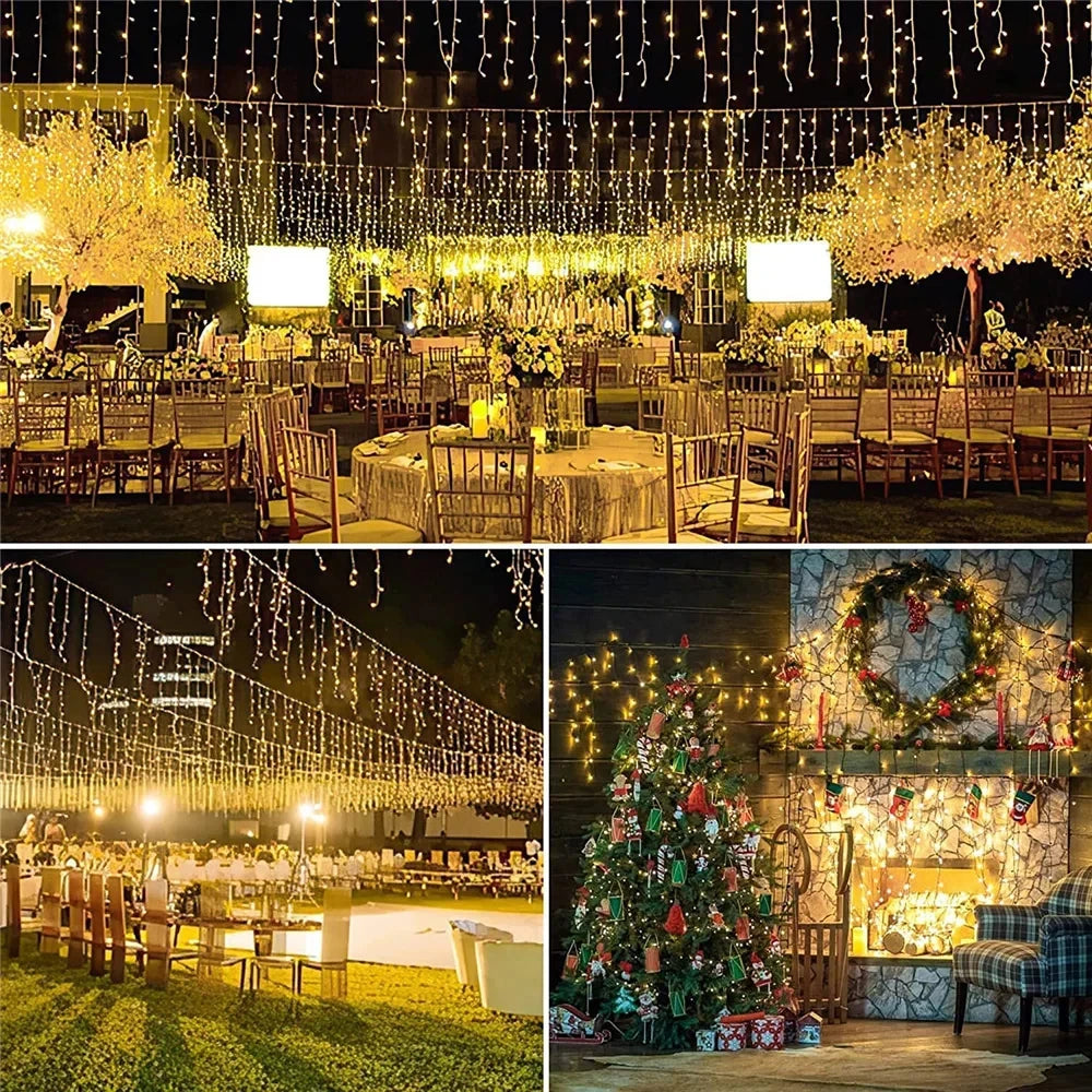 Outdoor decor featuring strings of solar LED icicle lights hanging above a seated event area.