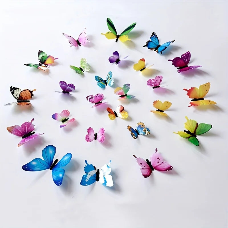 A collection of twelve colorful, luminous butterfly stickers scattered on a white background.