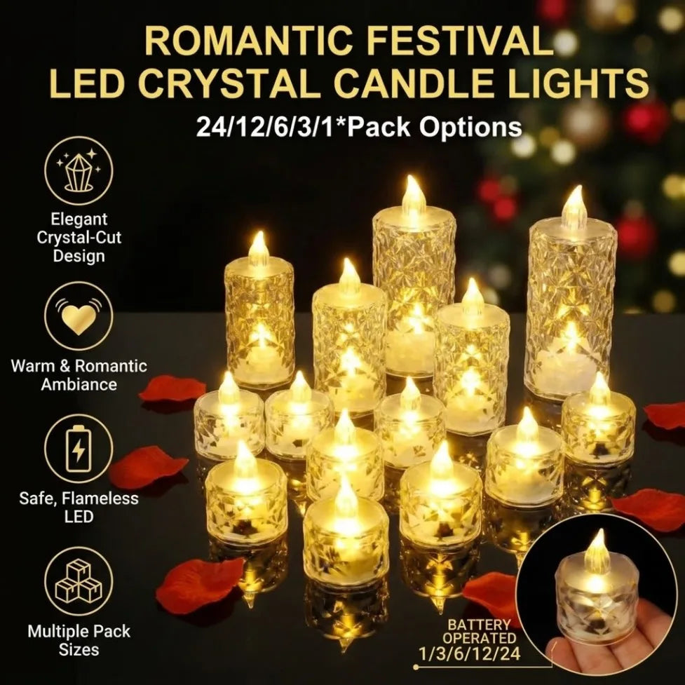 A collection of decorative LED crystal candle lights in various sizes and pack options displayed on a dark surface.