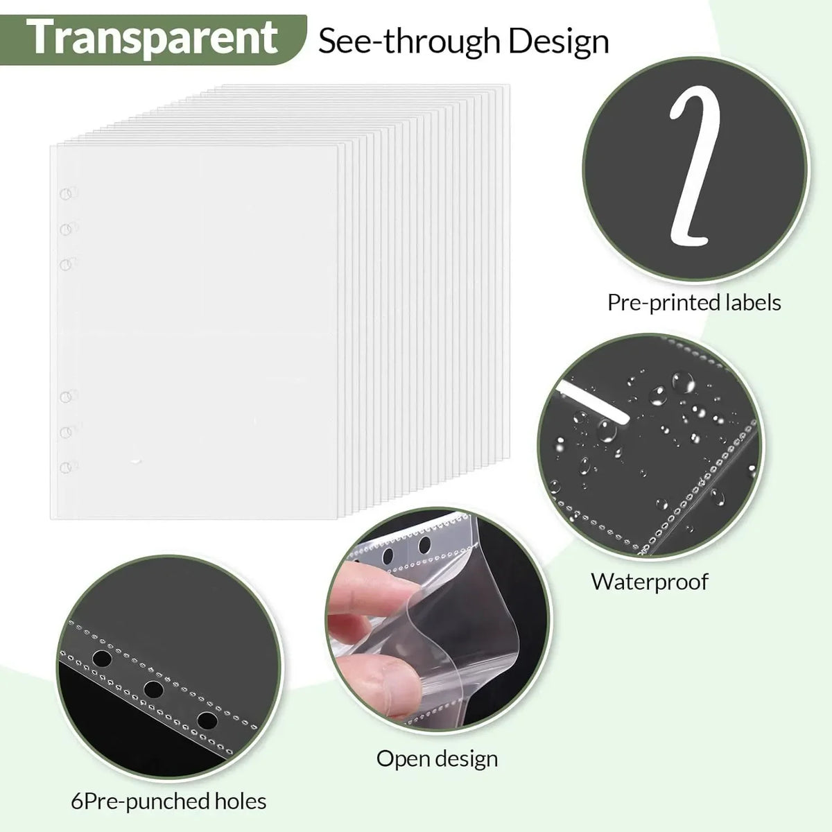 Producto de diseño transparente con etiquetas preimpresas, características impermeables y seis agujeros perforados.