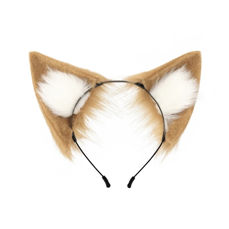 A headband featuring faux fox ears made of brown and white fur for cosplay or themed parties.