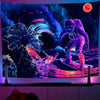 A vibrant tapestry featuring a space scene with an astronaut, a large palm tree, and alien-like creatures against a dark purp