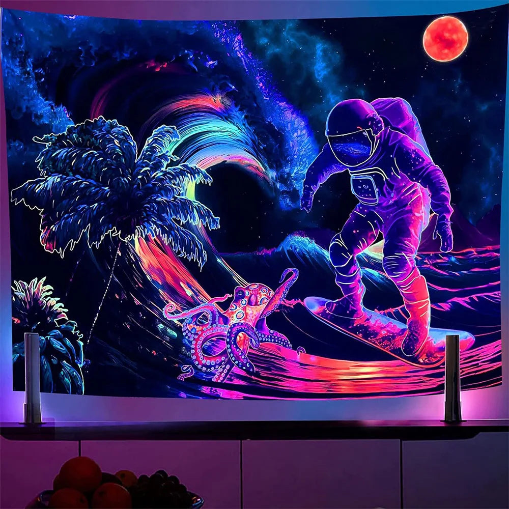 A vibrant tapestry featuring a space scene with an astronaut, a large palm tree, and alien-like creatures against a dark purp