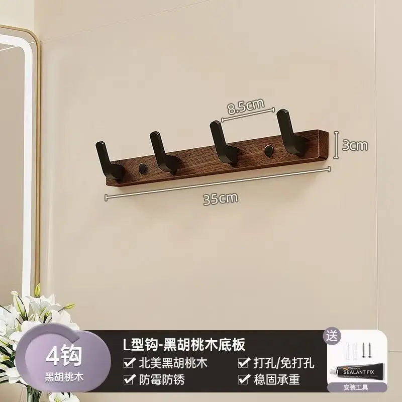 Walnut wood coat rack with 8 hooks and storage shelf mounted on a wall