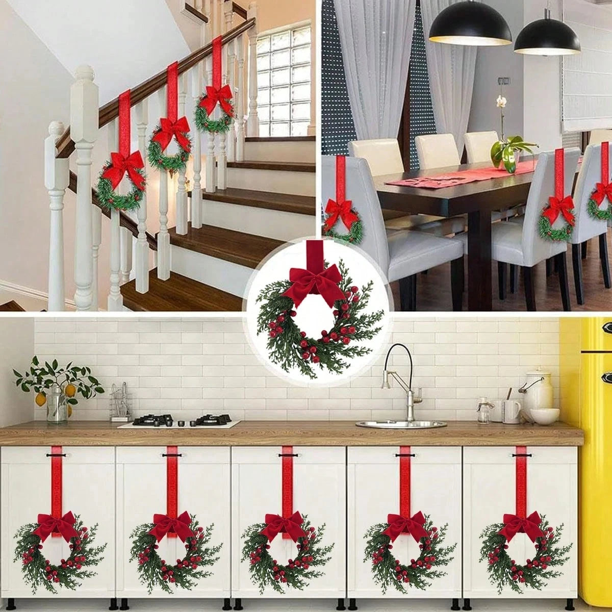 Set of two festive Christmas wreaths with red ribbon for home decor